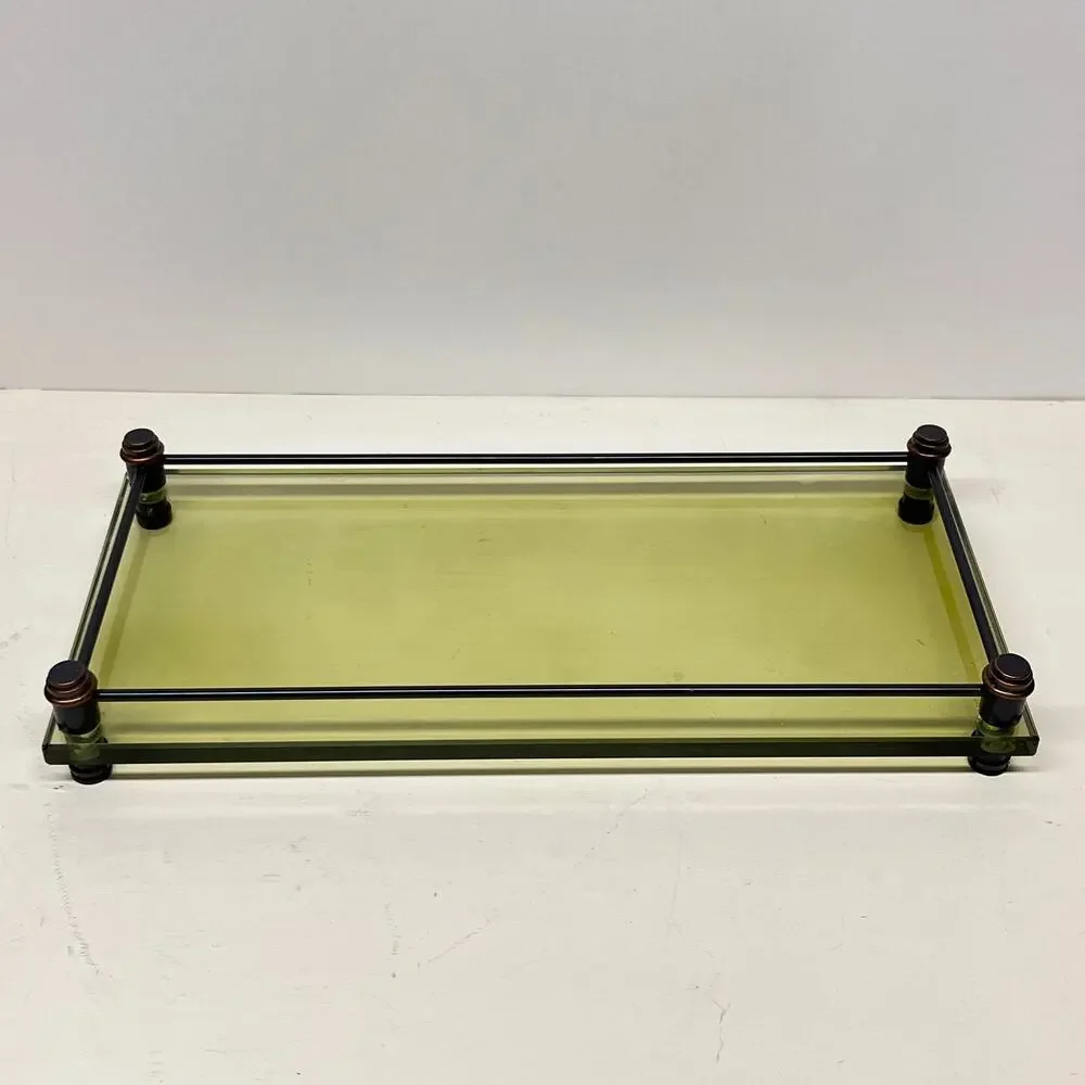 Green Glass Footed Vanity Tray